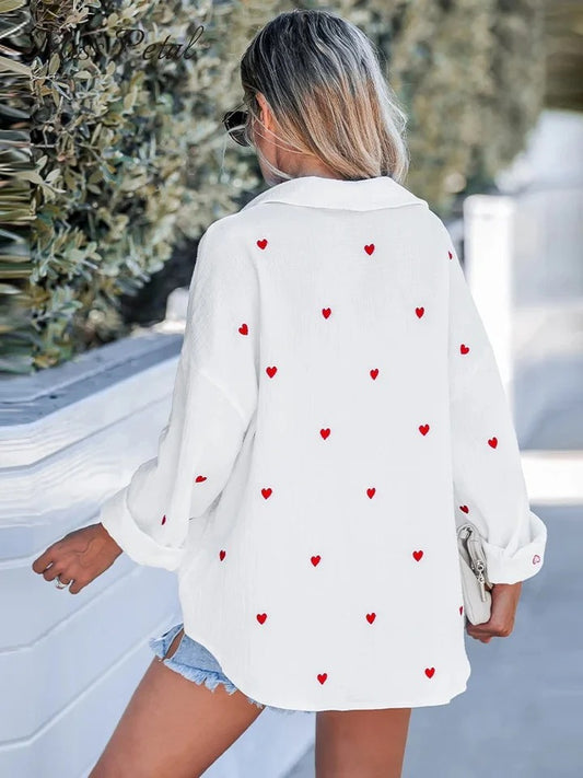 White Cotton Blouse with Heart Print | Corie