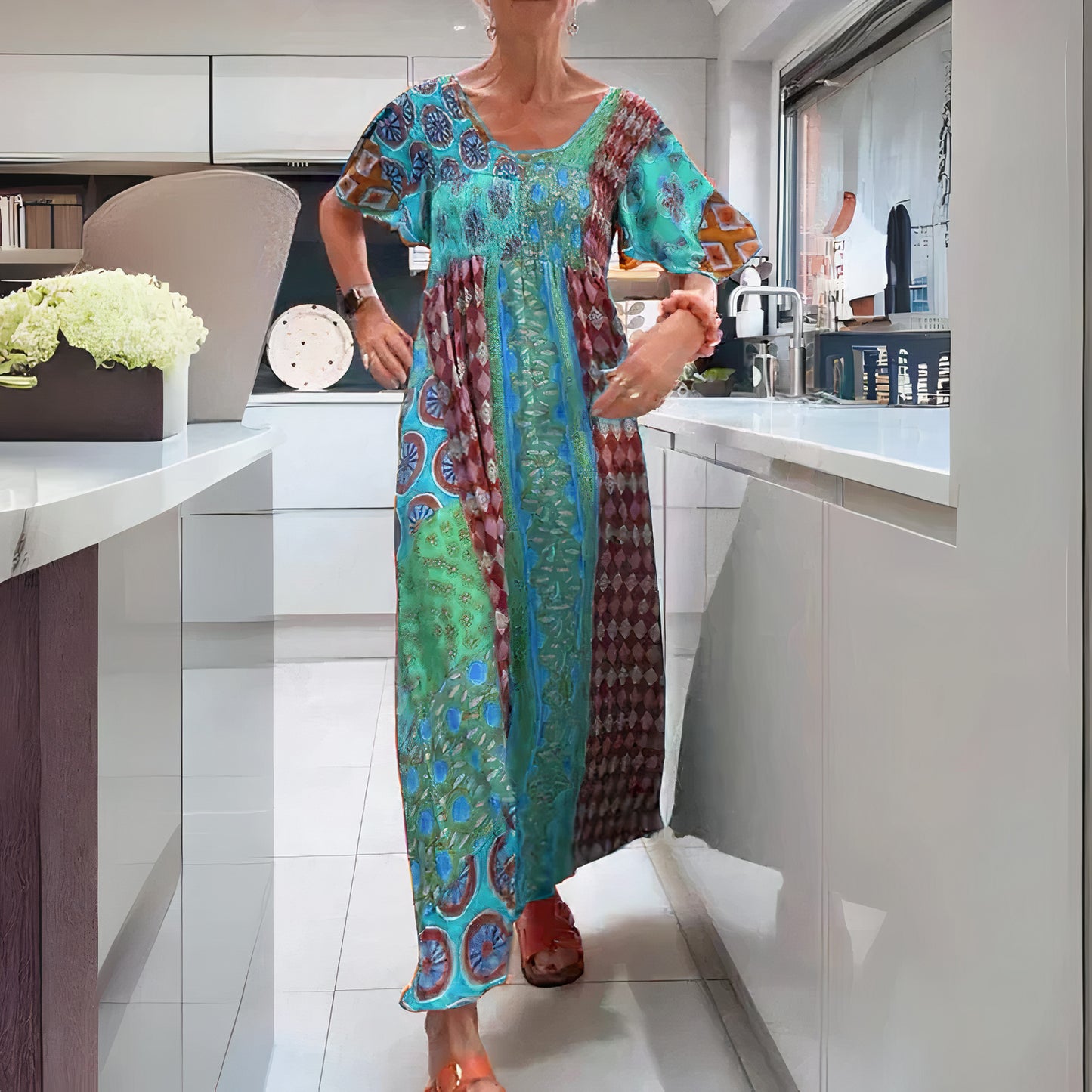  Boho long dress with tummy cover, featuring a flattering design, lightweight fabric, and relaxed fit, perfect for summer days.







