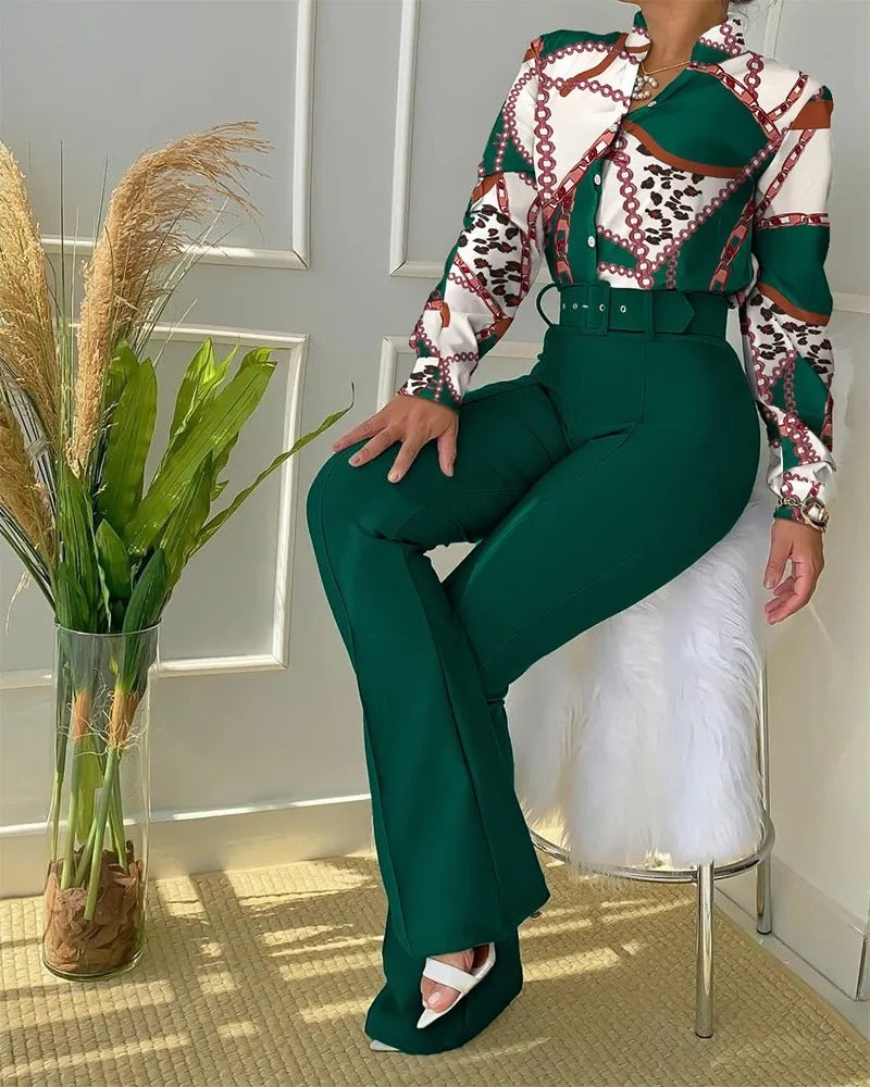 Elegant blouse and pants set for women, perfect for professional business style and summer comfort.