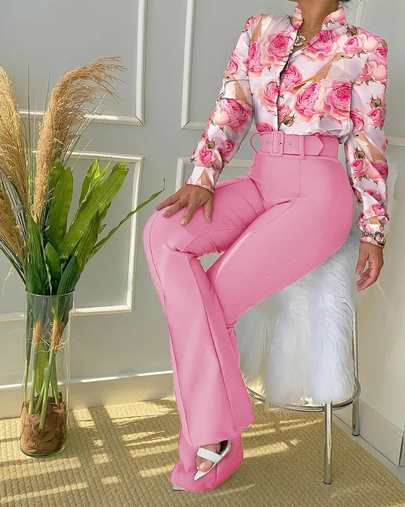 Elegant blouse and pants set for women, perfect for professional business style and summer comfort.