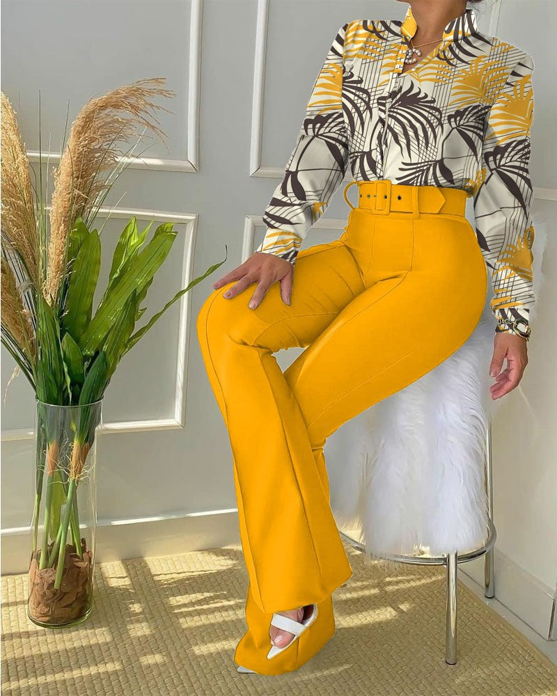 Elegant blouse and pants set for women, perfect for professional business style and summer comfort.