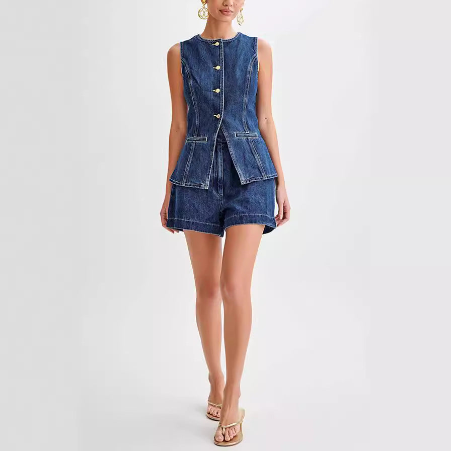 Casual denim shorts and top set for women, ideal for warm summer days and versatile styling.