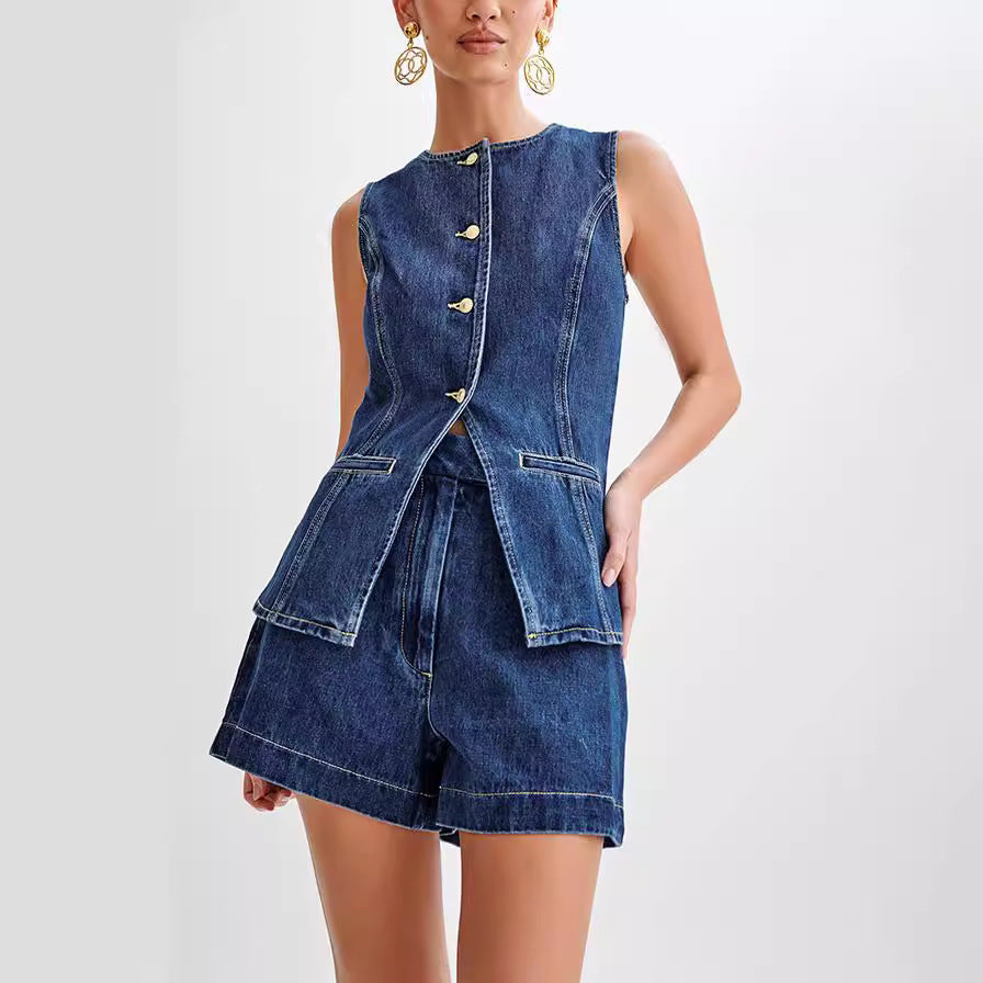 Casual denim shorts and top set for women, ideal for warm summer days and versatile styling.