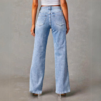 Casual women's flared denim jeans with a flattering fit, breathable fabric, and versatile style, perfect for warm summer days.






