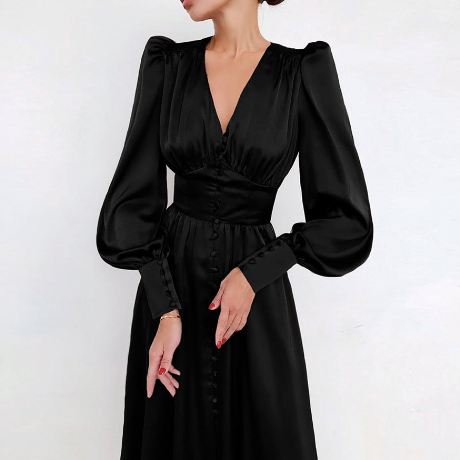 Chic long-sleeves satin dress for women, featuring luxurious fabric and an elegant silhouette perfect for summer days.