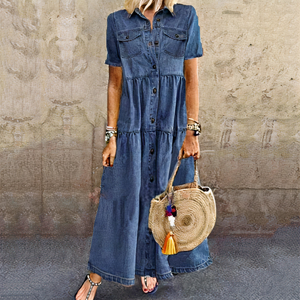 Classic maxi denim dress for women, designed for comfort and elegance during summer outings and casual gatherings.