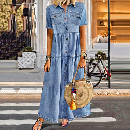 Classic maxi denim dress for women, designed for comfort and elegance during summer outings and casual gatherings.