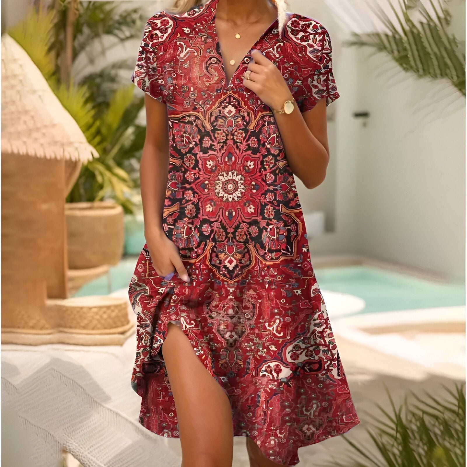  A lightweight colorful midi summer dress for women, perfect for warm days, offering a flattering fit and versatile style.






