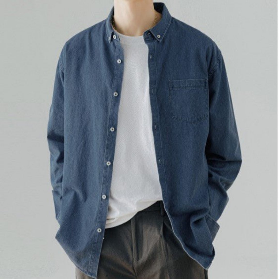  Denim casual long sleeve shirt for men, perfect for summer days with a relaxed fit and durable lightweight fabric.






