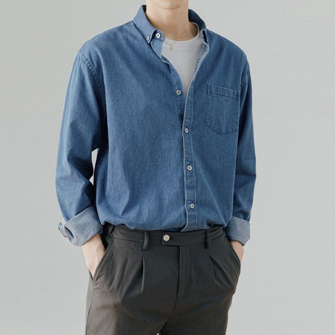  Denim casual long sleeve shirt for men, perfect for summer days with a relaxed fit and durable lightweight fabric.






