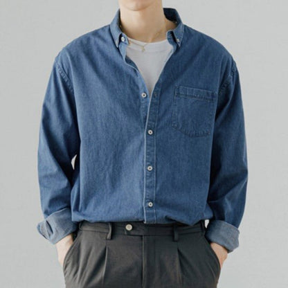  Denim casual long sleeve shirt for men, perfect for summer days with a relaxed fit and durable lightweight fabric.






