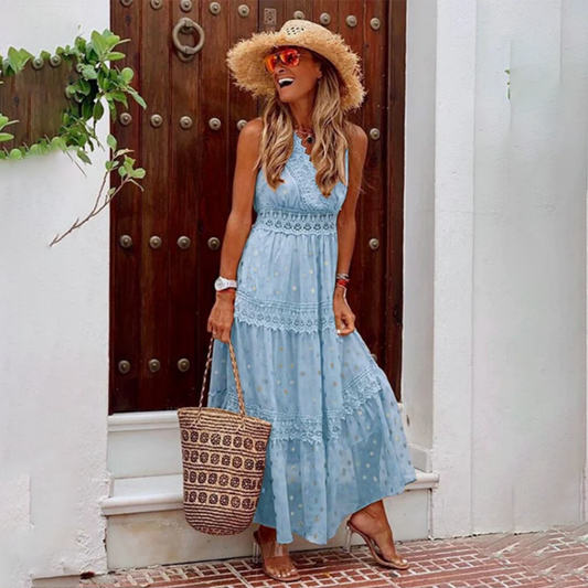 Elegant boho dress with flowing silhouette and intricate detailing, ideal for summer days and bohemian style lovers.