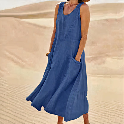 Elegant linen dress for women with breathable fabric, lightweight design, and a flattering silhouette, ideal for summer occasions.






