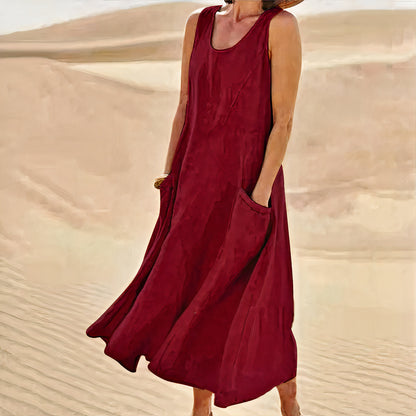 Elegant linen dress for women with breathable fabric, lightweight design, and a flattering silhouette, ideal for summer occasions.






