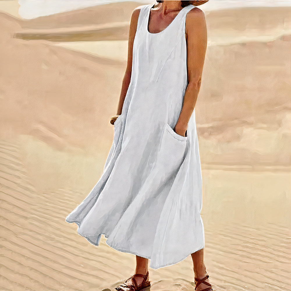 Elegant linen dress for women with breathable fabric, lightweight design, and a flattering silhouette, ideal for summer occasions.






