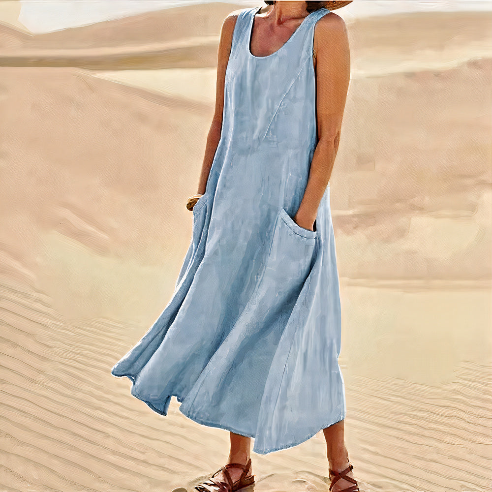 Elegant linen dress for women with breathable fabric, lightweight design, and a flattering silhouette, ideal for summer occasions.






