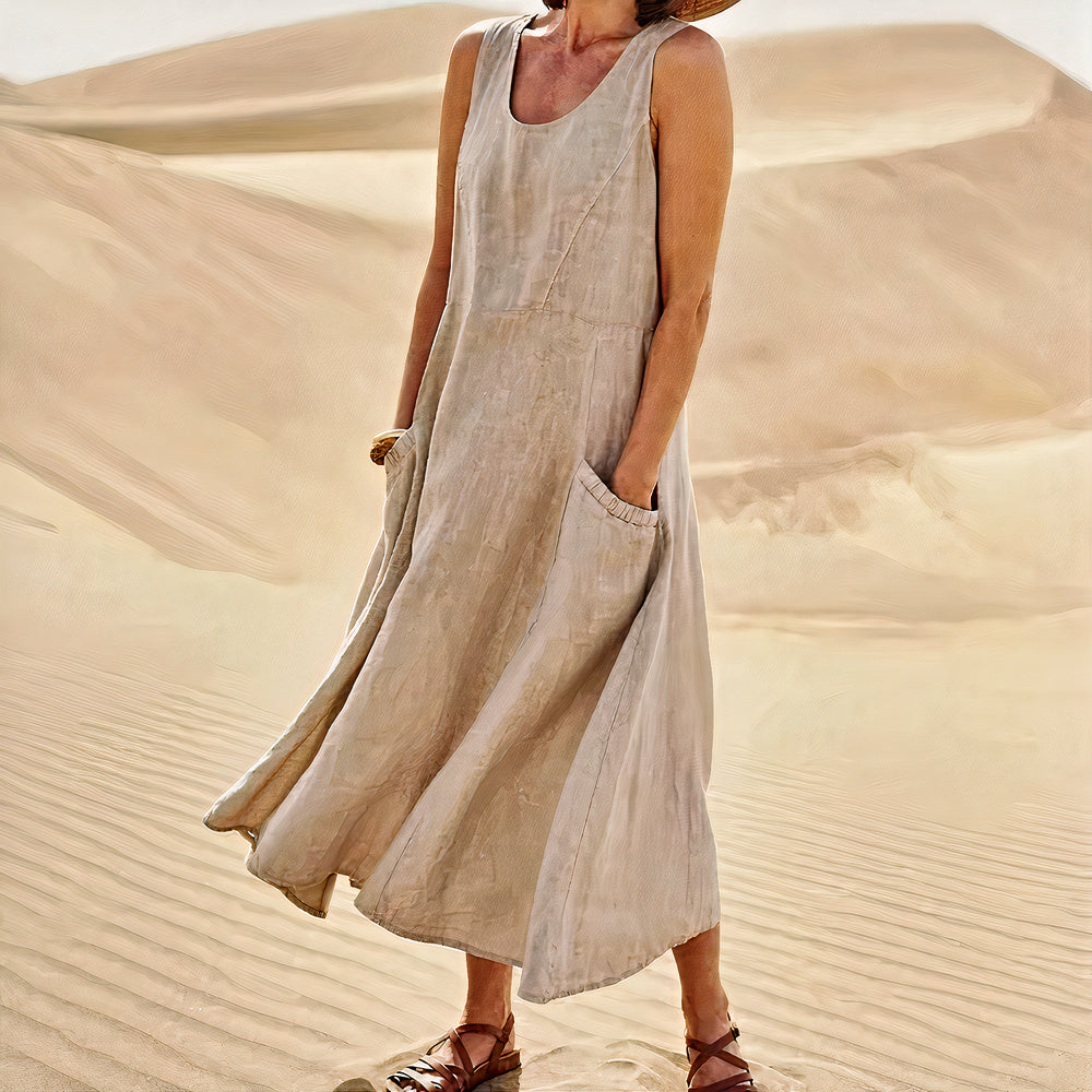 Elegant linen dress for women with breathable fabric, lightweight design, and a flattering silhouette, ideal for summer occasions.






