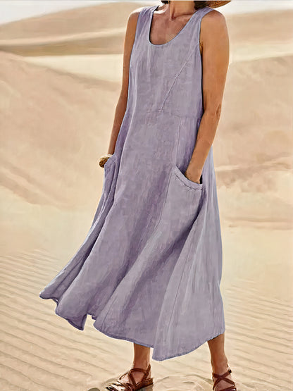 Elegant linen dress for women with breathable fabric, lightweight design, and a flattering silhouette, ideal for summer occasions.






