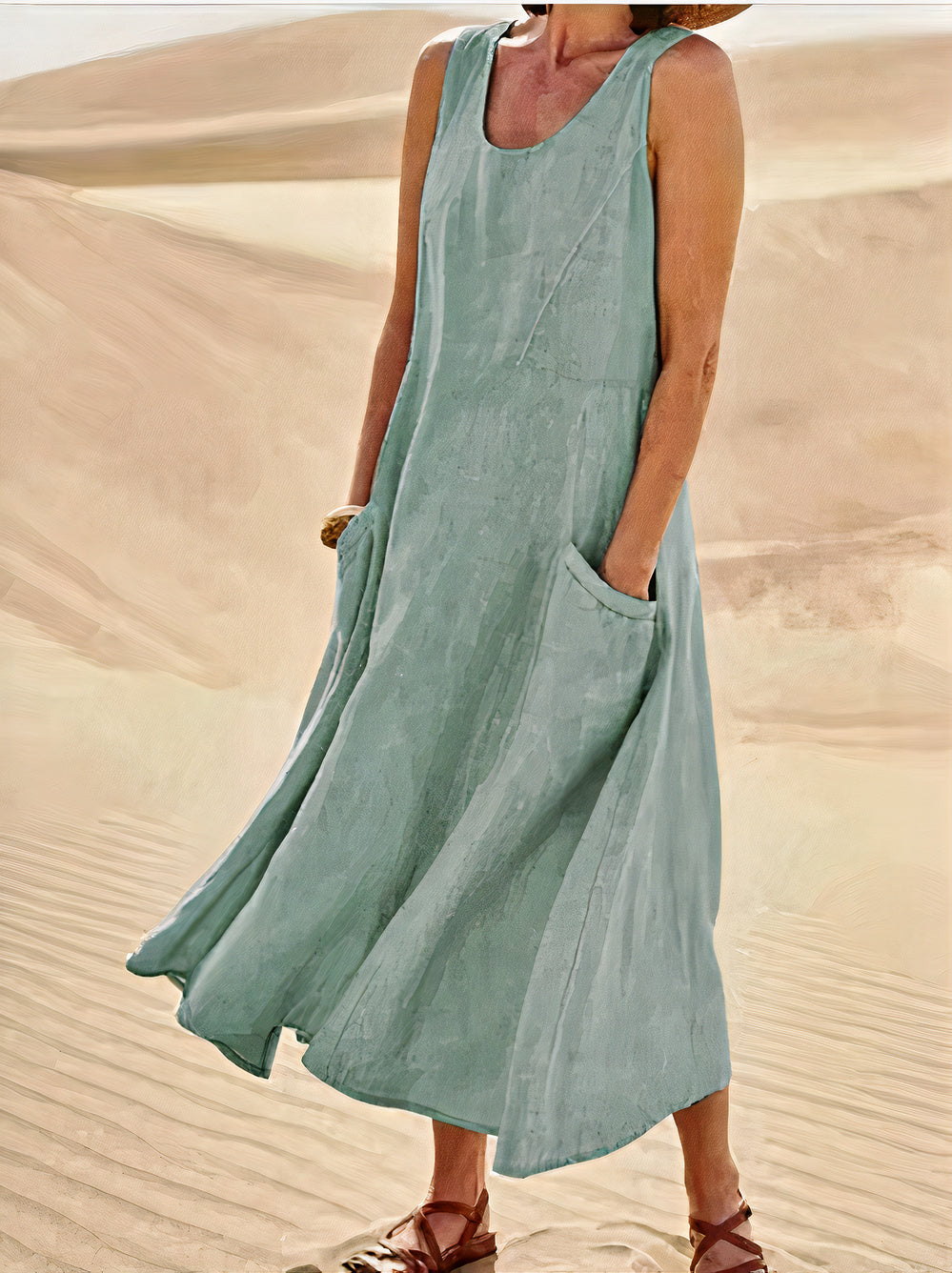 Elegant linen dress for women with breathable fabric, lightweight design, and a flattering silhouette, ideal for summer occasions.






