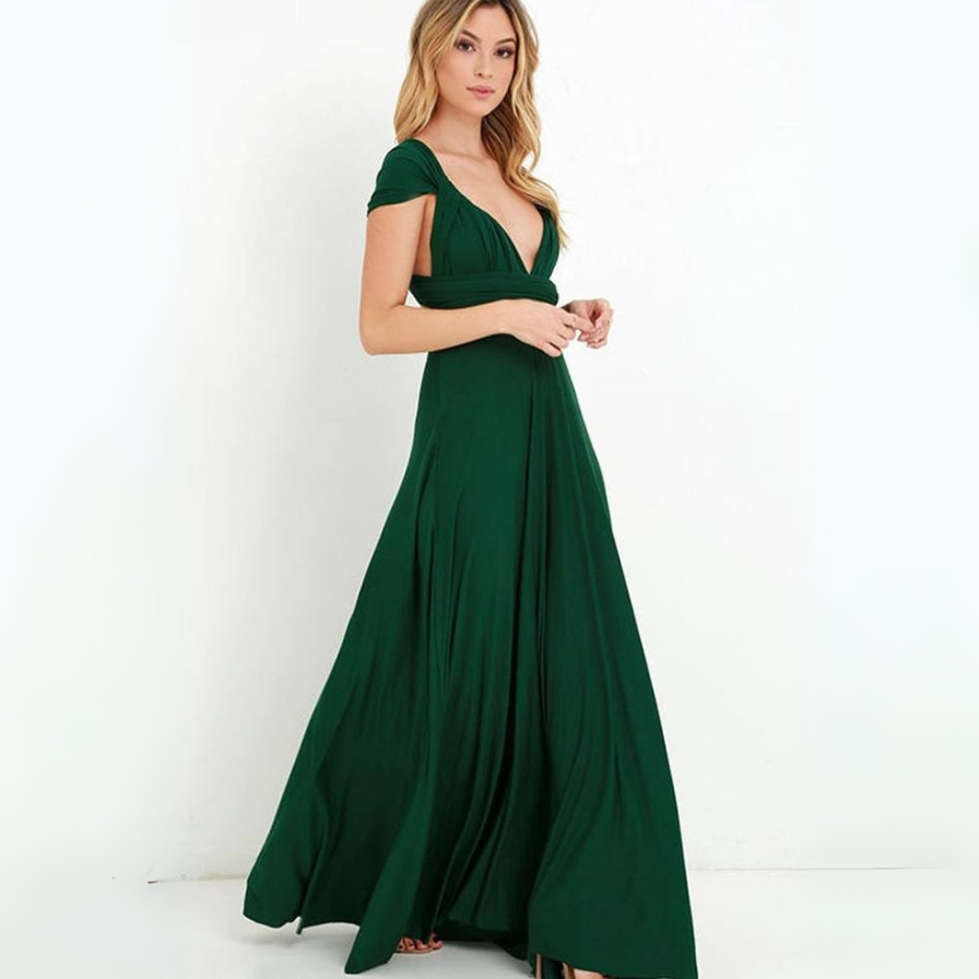 An elegant long bridesmaid dress with a flowing silhouette, perfect for weddings and summer celebrations.






