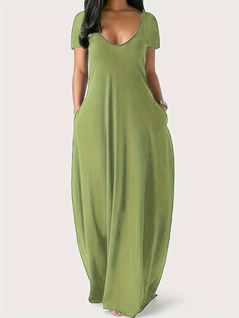 Elegant long dress, perfect for summer days, featuring a flowing design, breathable fabric, and versatile style for formal or casual occasions.






