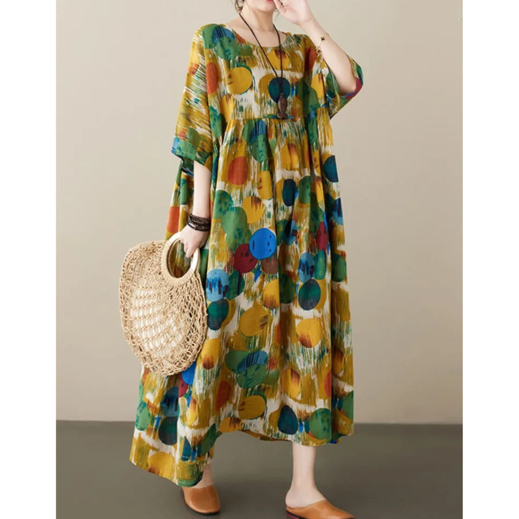 Elegant Polka Dot Bohemian Maxi Dress, ideal for summer days, featuring a flowing silhouette, lightweight fabric, and a classic polka dot design.






