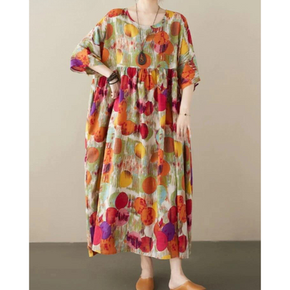 Elegant Polka Dot Bohemian Maxi Dress, ideal for summer days, featuring a flowing silhouette, lightweight fabric, and a classic polka dot design.






