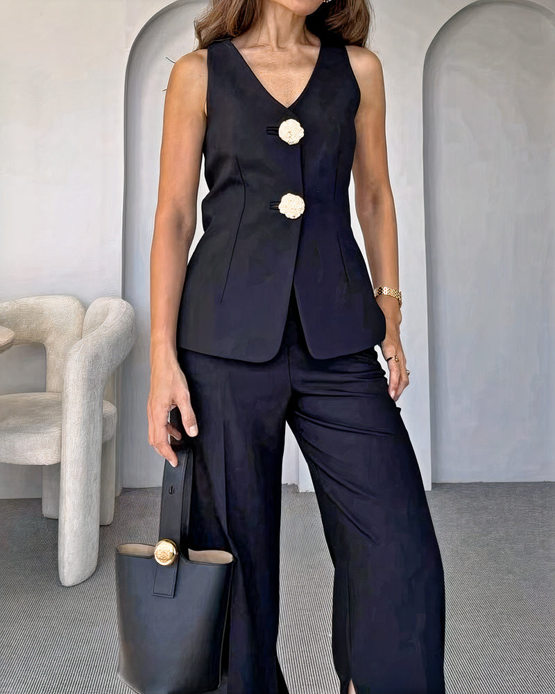 Elegant women's vest and suit pants set, designed for a sophisticated and confident look on warm days.