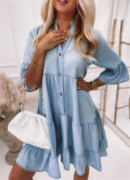 Flowy denim dress for women, lightweight and chic, perfect for casual outings and summer days.