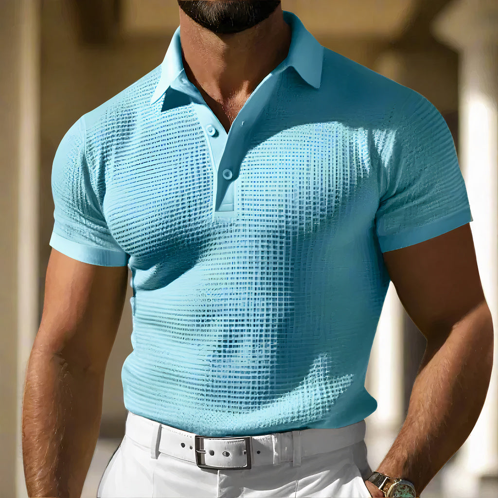 Men's knitted waffle polo shirt with breathable fabric, ideal for stylish and comfortable summer wear.