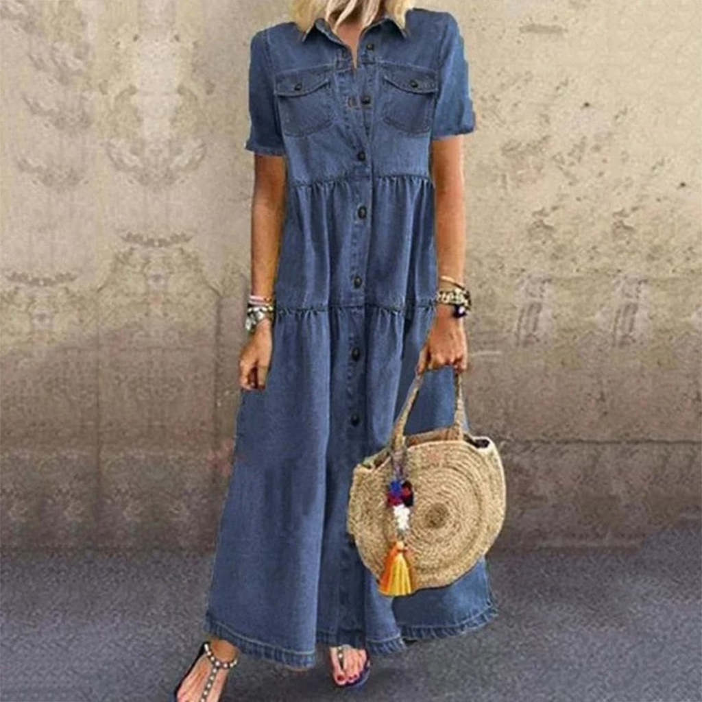 Maxi Women's Denim Dress, breathable and perfect for summer days with full-length design and casual style.