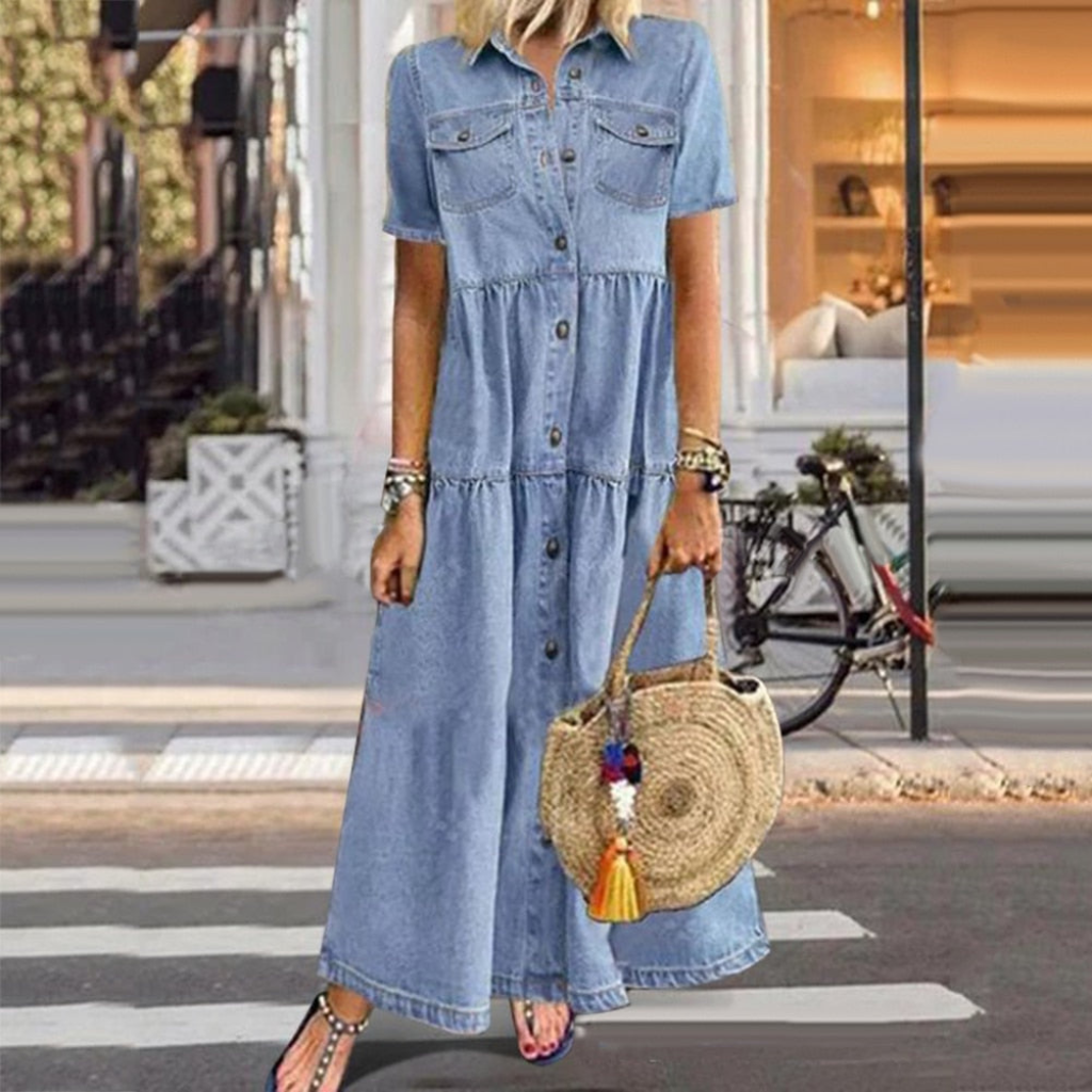 Maxi Women's Denim Dress, breathable and perfect for summer days with full-length design and casual style.