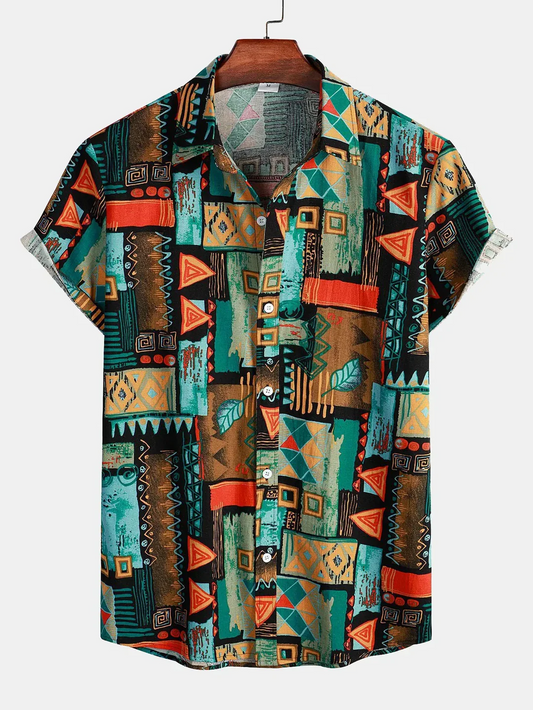 Men's casual shirt with artistic patterns and breathable fabric, ideal for summer days and creative styling.