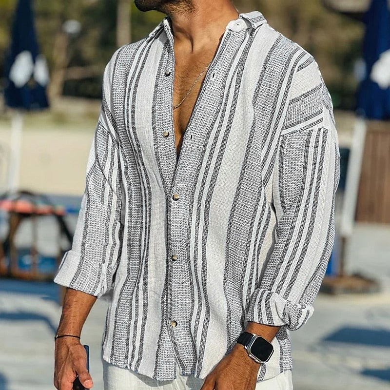 Men's casual linen polo, breathable and stylish for summer outings.