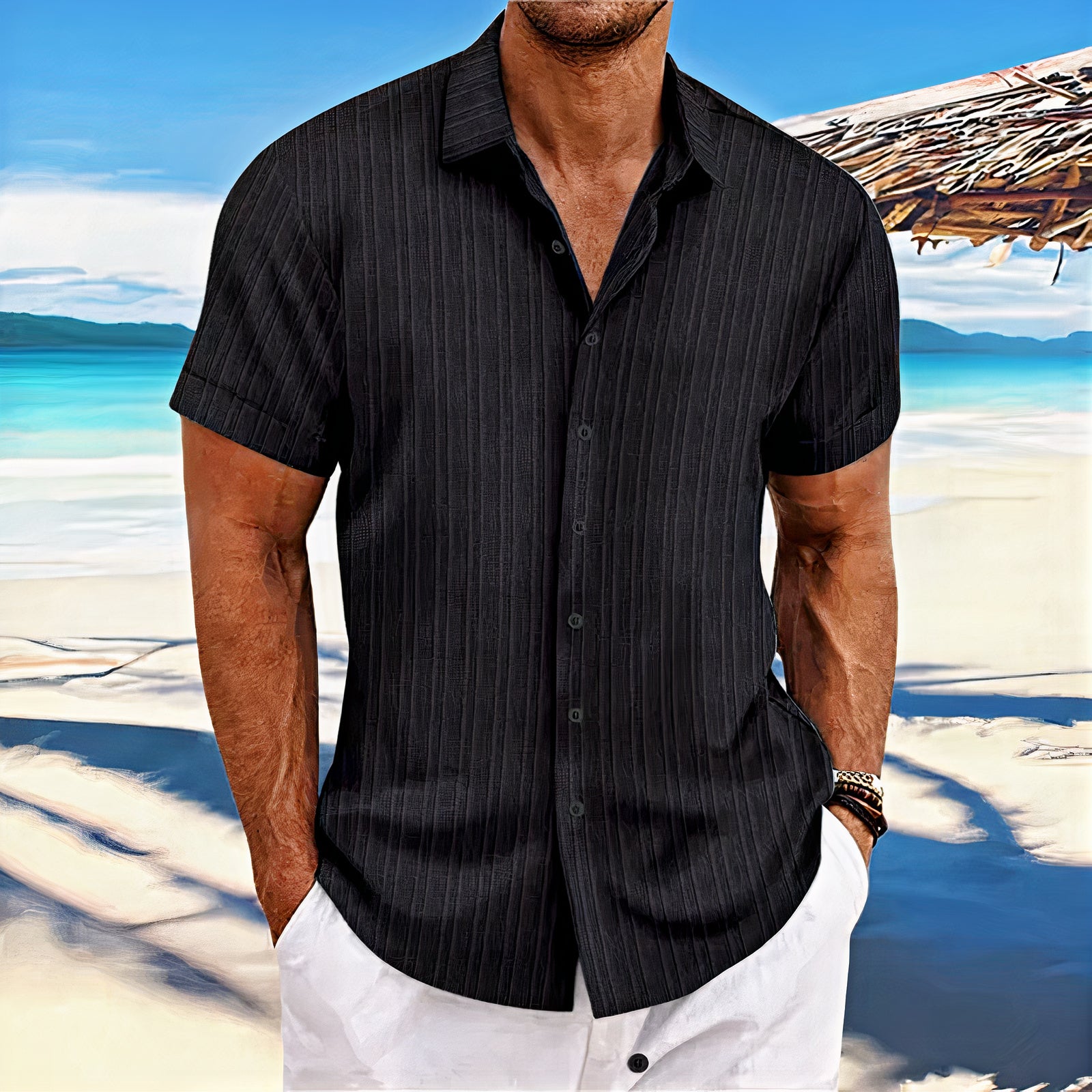 Men's casual summer shirt with breathable fabric, lightweight design, and versatile style, ideal for warm weather.