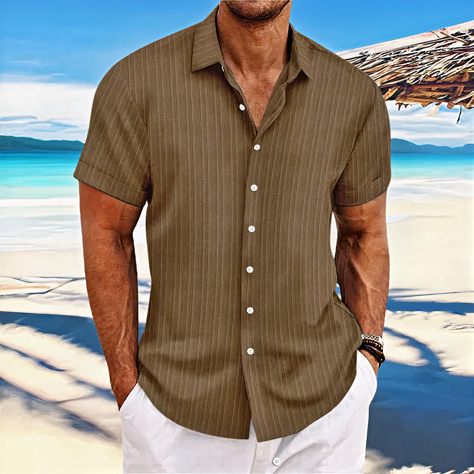 Men's casual summer shirt with breathable fabric, lightweight design, and versatile style, ideal for warm weather.