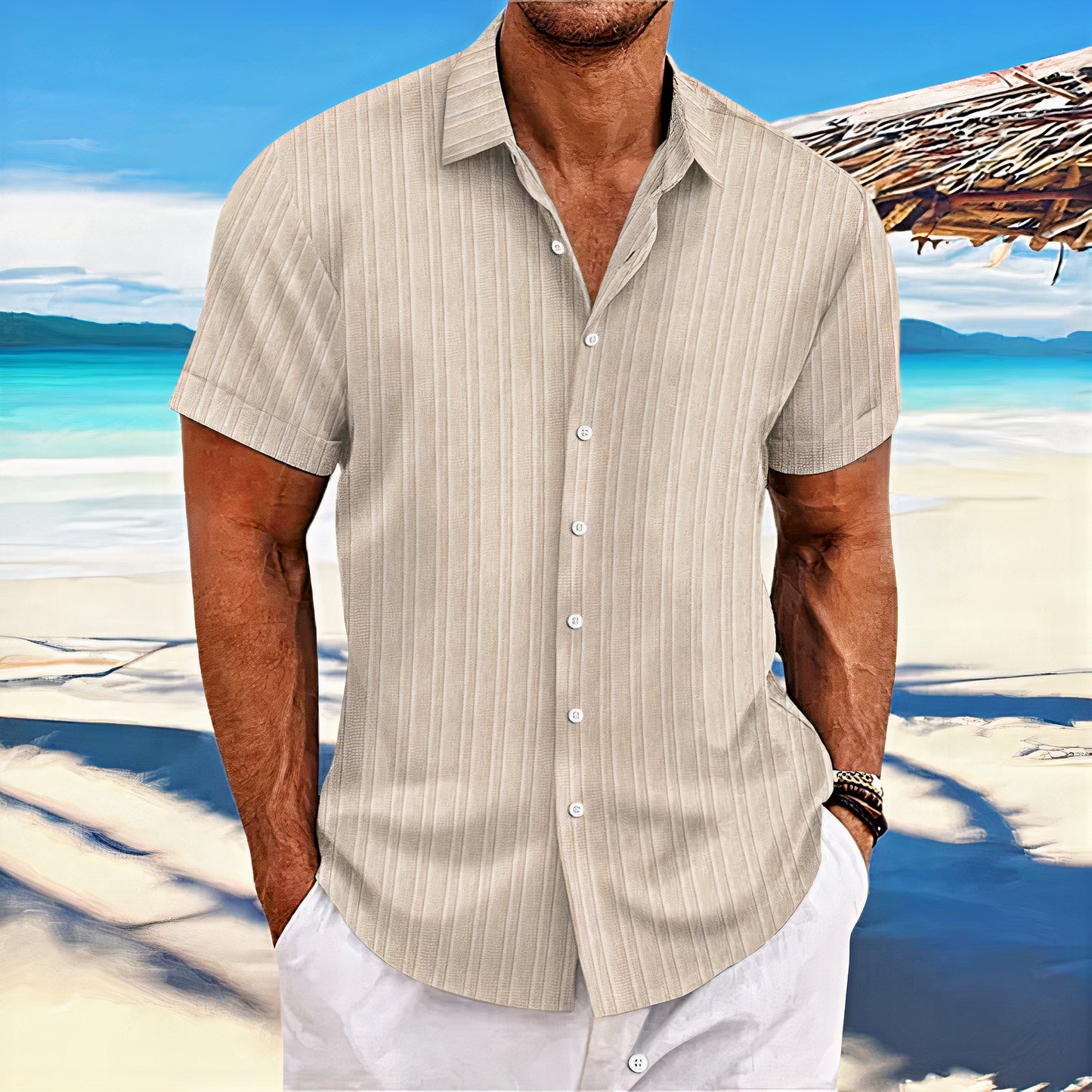 Men's casual summer shirt with breathable fabric, lightweight design, and versatile style, ideal for warm weather.