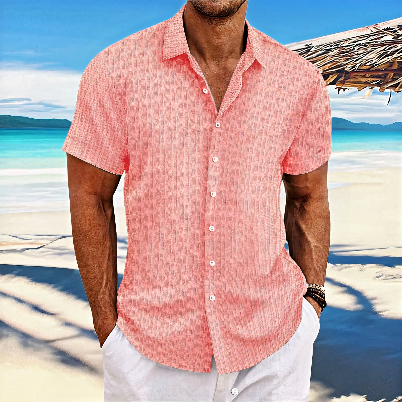 Men's casual summer shirt with breathable fabric, lightweight design, and versatile style, ideal for warm weather.