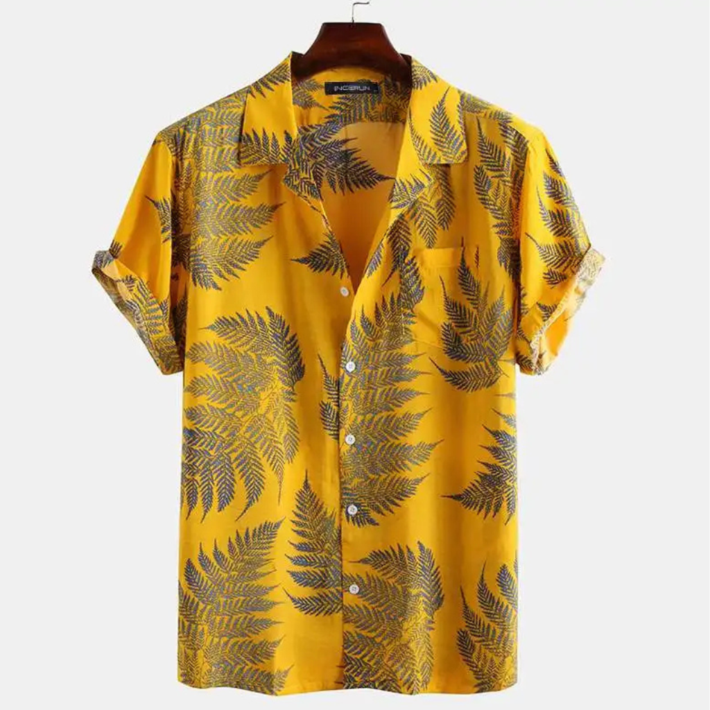 Men's Hawaiian Summer Shirt with tropical patterns, perfect for warm days with lightweight, breathable fabric.