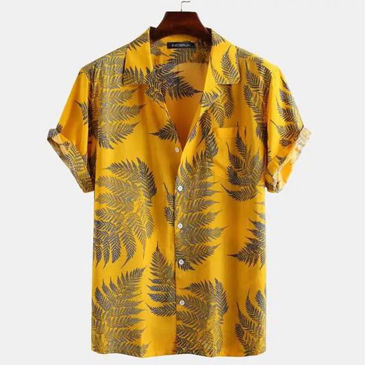 Men's Hawaiian Summer Shirt with tropical patterns, perfect for warm days with lightweight, breathable fabric.