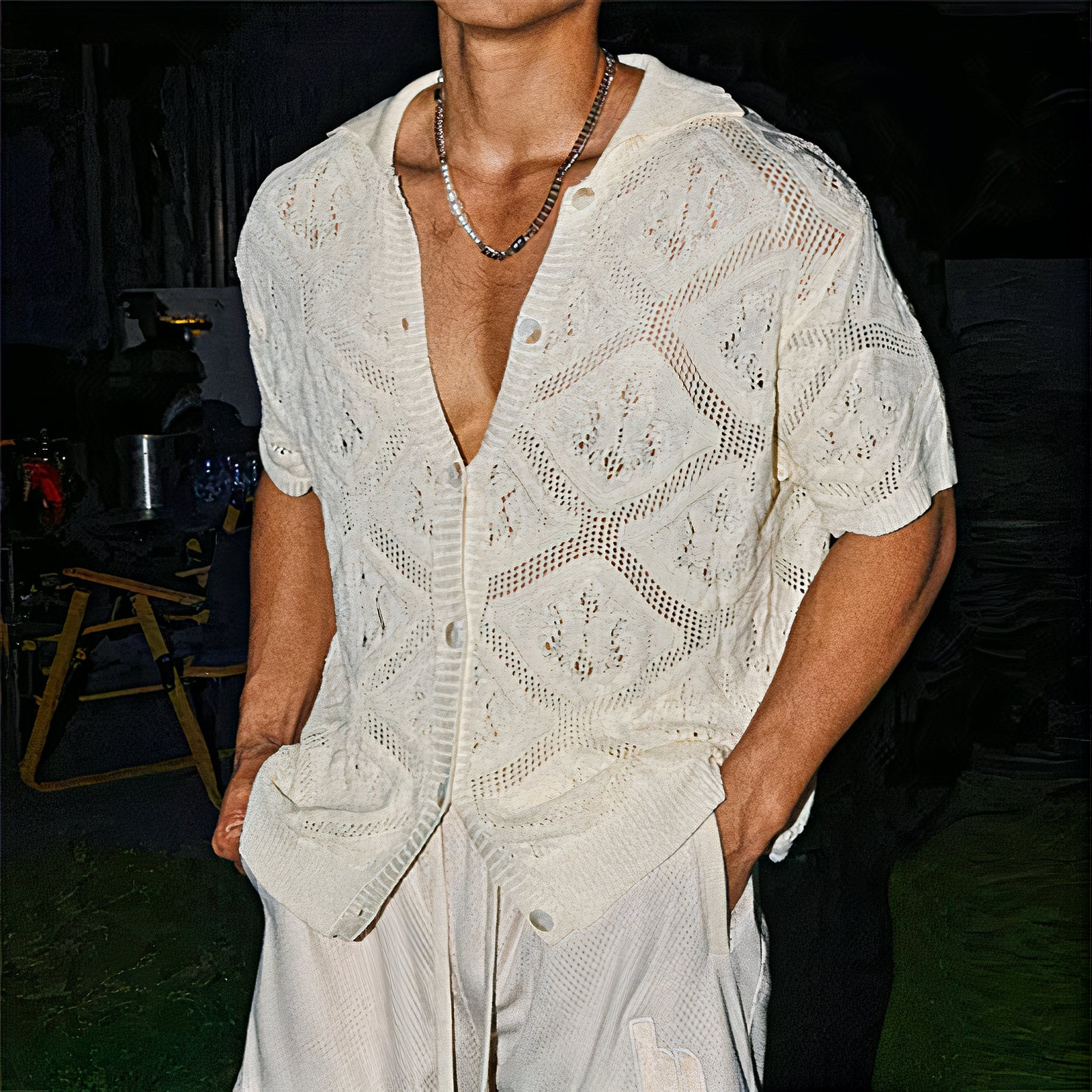 Men’s stylish sheer knit beach shirt with lightweight, breathable fabric, perfect for summer days and beach outings.