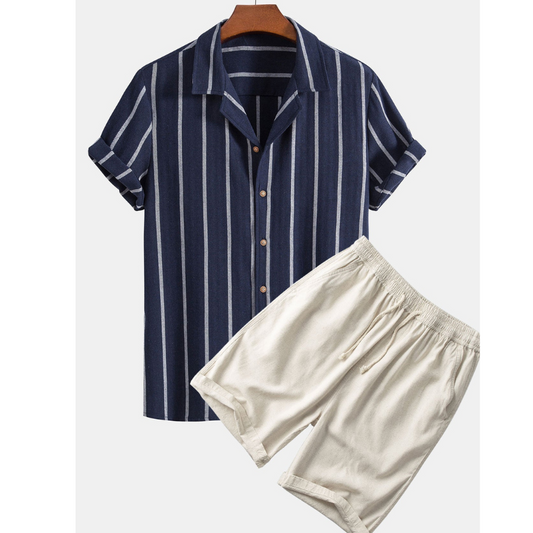 Men's summer shirt and shorts set, featuring breathable fabric and a modern, comfortable fit, ideal for casual outings and summer days.






