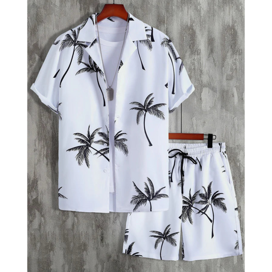  Men's tropical palm tree print set, featuring lightweight, breathable fabric and a relaxed fit, perfect for summer days and tropical vacations.






