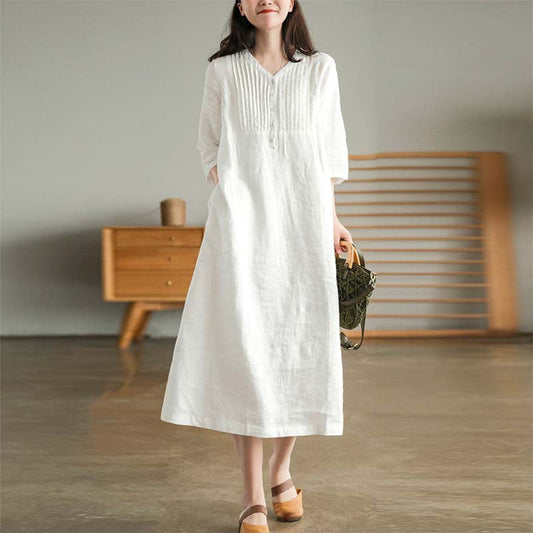 Modern linen dress for women with breathable fabric, lightweight design, and versatile style, ideal for summer occasions.