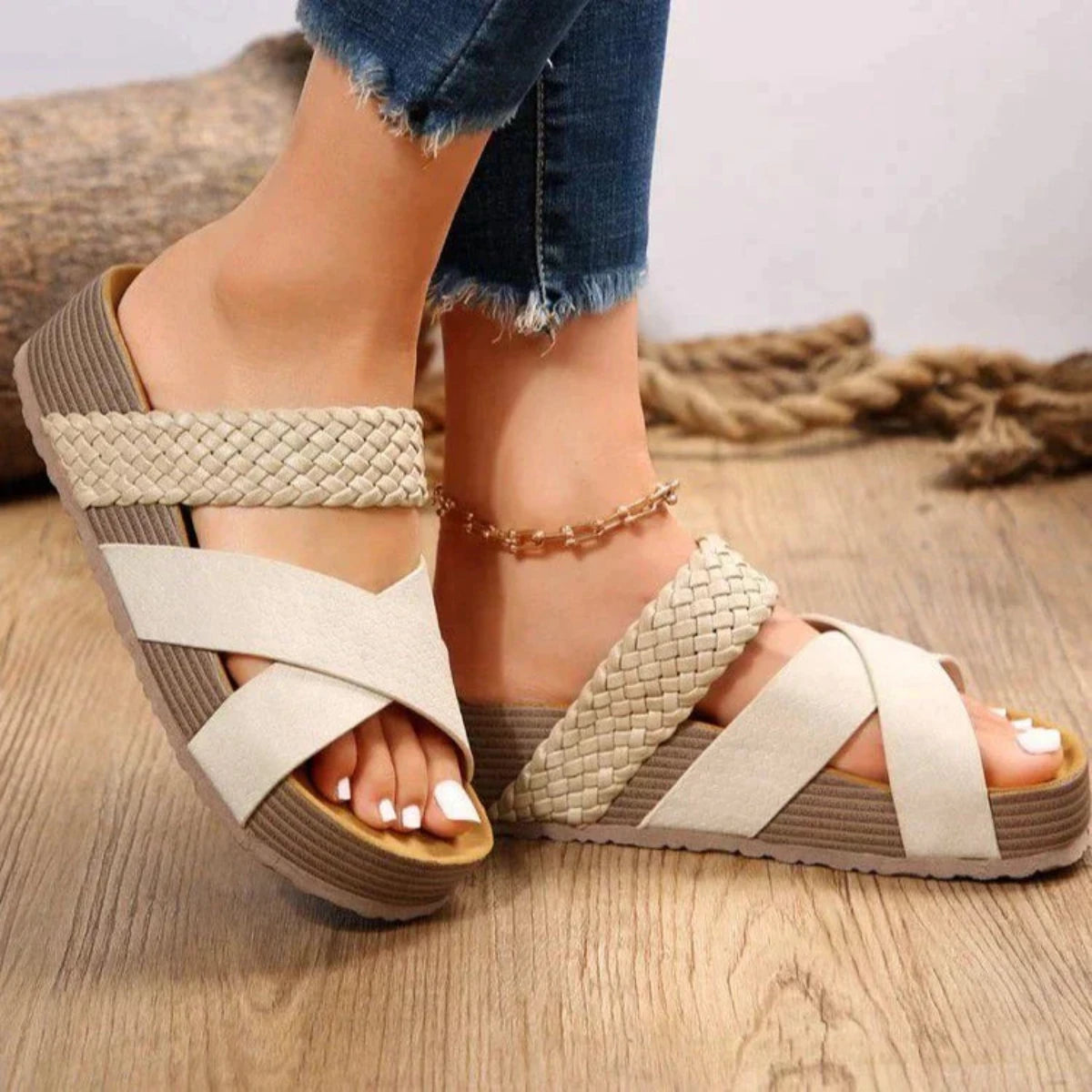 Orthopedic trendy sandals with arch support, adjustable straps, and a non-slip sole, ideal for comfortable and stylish summer wear.






