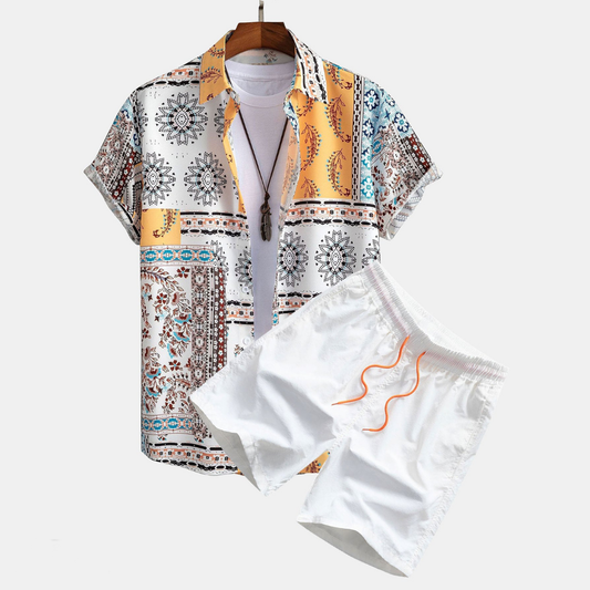 Men's shirt and swim shorts set, perfect for summer days with breathable fabric and a versatile, quick-drying design.