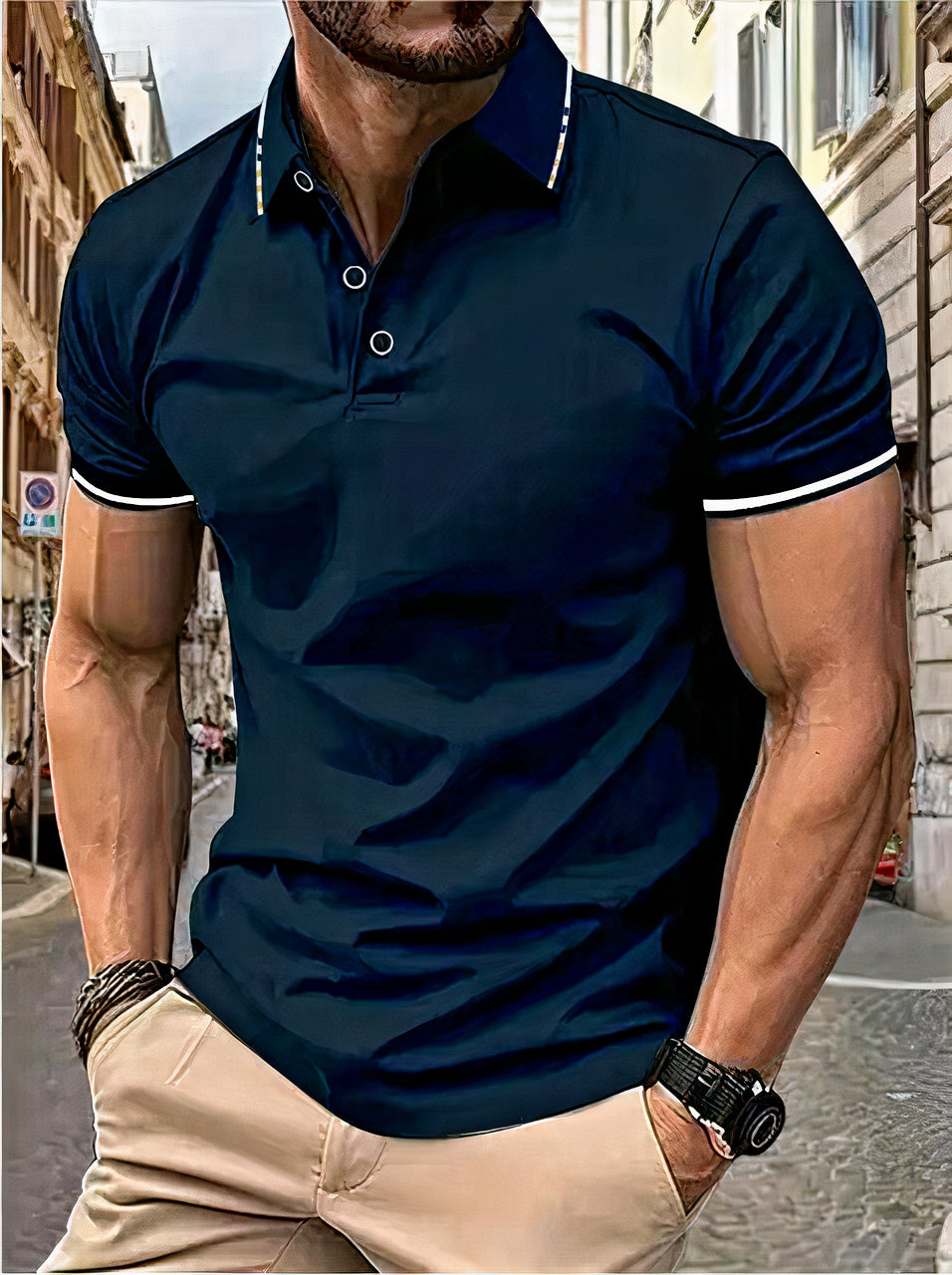 Sophisticated men's polo shirt, premium fabric, refined fit, perfect for casual and semi-formal occasions.