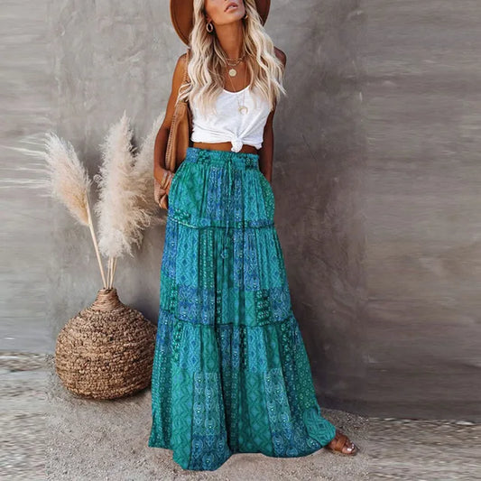 Stylish bohemian maxi skirt for women, perfect for summer days and casual beach outings.






