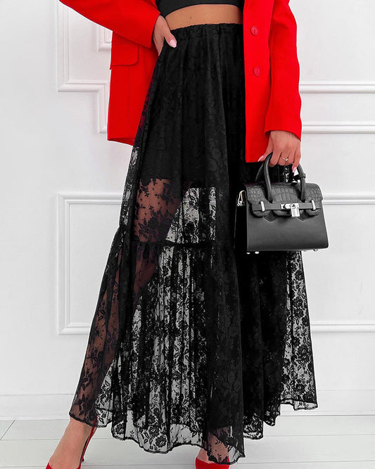 Stylish lace maxi skirt for women with a flowing silhouette, ideal for summer days and elegant occasions.