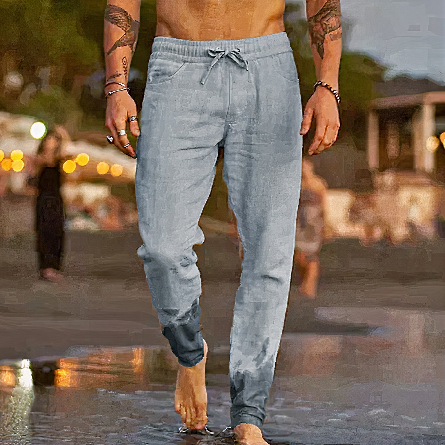 Summer linen pants for men with a relaxed fit, lightweight fabric, and breathable design, perfect for casual summer days.






